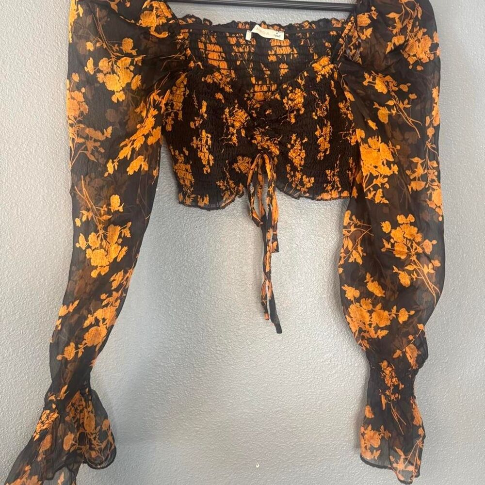 O. Vianca Cottagecore Floral Smocked Crop Top M Black Orange Puff Sleeve